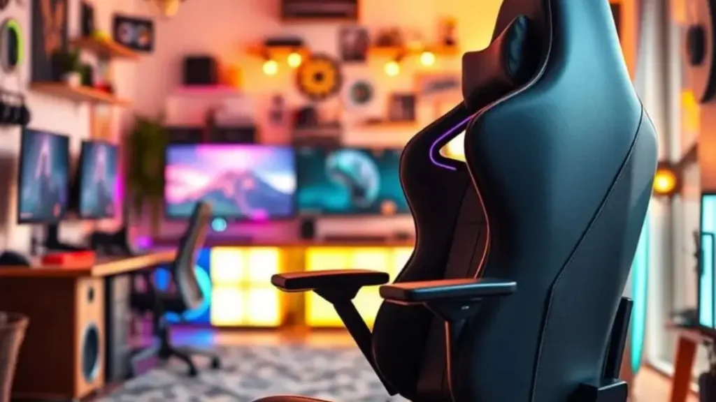 A sleek, modern ergonomic gamer chair prominently displayed in the foreground, featuring adjustable armrests, a high backrest, and vibrant color accents, ideal for long hours of gaming. In the middle ground, a cozy, well-lit gaming room filled with gaming equipment and decorations, including a large monitor and RGB lighting, creating an inviting atmosphere. The background shows a softly blurred gaming setup, emphasizing the chair's importance in enhancing comfort and circulation. The lighting is warm and ambient, casting gentle shadows, and the angle is slightly elevated, providing a comprehensive view of the chair's design and structure. The overall mood is energetic yet relaxing, appealing to gamers seeking ergonomic solutions. postura e circulacao no setup