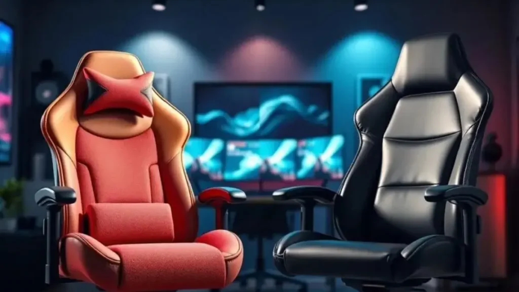 A side-by-side comparison of two ergonomic gaming chairs in a stylish, modern room. On the left, a chair upholstered in breathable fabric with a vibrant color palette, showcasing detailed stitching and a plush seat cushion. On the right, a sleek PU leather chair with a glossy finish, highlighting its premium look and angular design. The background features a gaming setup with ambient lighting, casting a soft glow that emphasizes the texture differences of the materials. The focus is sharp on the chairs, while the background has a slight blur, creating depth. The scene conveys a sense of comfort and innovation, appealing to gamers seeking ergonomic solutions. revestimento cadeira gamer