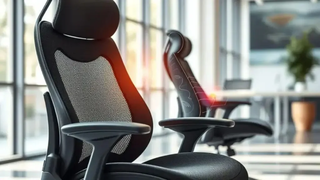 A modern ergonomic chair is showcased prominently in the foreground, revealing its sleek contours and padding designed for comfort and support. The seat boasts breathable mesh fabric and memory foam cushions, emphasizing its advanced materials. In the middle ground, a variety of cutting-edge technologies, such as adjustable lumbar support and a reclining mechanism, are visually highlighted through transparent sections of the chair. The background features a well-lit, contemporary office environment, with natural light streaming through large windows, creating a fresh and inviting atmosphere. The composition should evoke a sense of innovation and health, inviting viewers to appreciate the blend of design and technology. The image is captured with a shallow depth of field, focusing intently on the chair, promoting the importance of ergonomic solutions for health. suporte lombar cadeira gamer