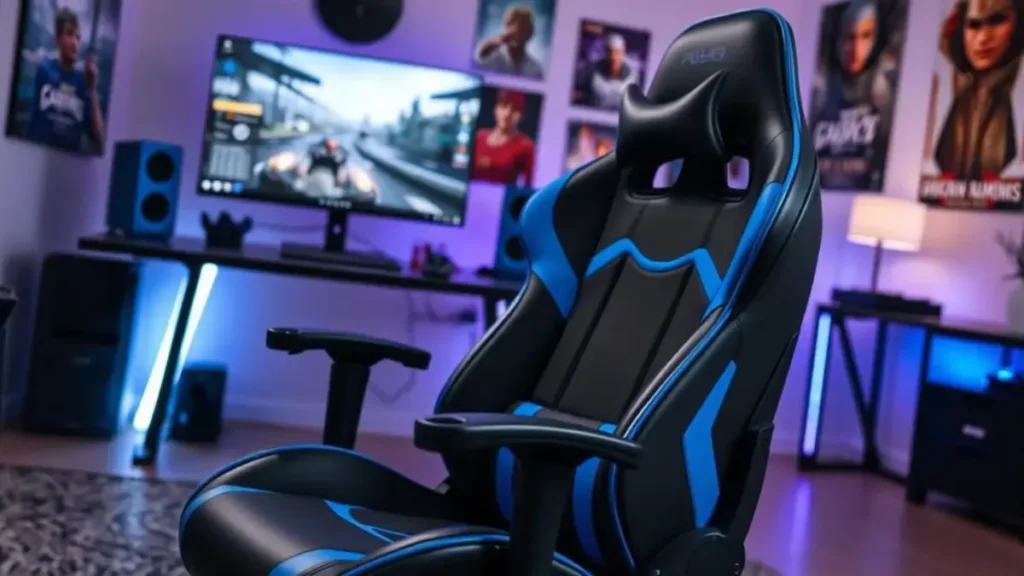 A stylish gaming chair, the Alpha Gamer Polaris Racing Edition, predominantly black with striking blue accents, placed in a modern gaming setup. The foreground features the chair in a slightly angled view, showcasing its ergonomic design, adjustable armrests, and lumbar support. In the middle, a sleek gaming desk with RGB lighting complements the chair, along with a high-performance gaming monitor showing a dynamic scene. The background includes a softly lit room, decorated with gamer posters and LED strips, creating an immersive atmosphere. The lighting is ambient, highlighting the chair's contours while casting soft shadows. The mood is energetic yet sophisticated, appealing to gamers seeking comfort and style. No text, logos, or watermarks are included. Análise da Cadeira Gamer Alpha Gamer Polaris Racing Edition