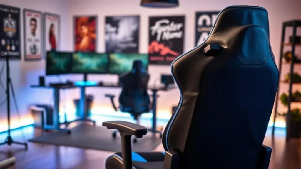 A comfortable, ergonomic gaming chair designed for gamers, specifically the Rise Mode Z6 model. The chair features a sleek, adjustable design with a high backrest, plush padding, and vibrant blue and black synthetic leather upholstery. In the foreground, the chair is positioned prominently, showcasing its adjustable armrests and lumbar support cushion. In the middle ground, a modern gaming setup surrounds the chair, including a dual-monitor gaming station with LED lighting. The background subtly features a stylish, minimalistic gaming room with posters and ambient lighting, creating an engaging atmosphere. The scene is illuminated with soft, warm lighting to emphasize the textures of the chair and the technology within the room, conveying a cozy yet high-performance vibe. Capture the image from a slightly elevated angle, focusing on the chair's details and context. Análise da Cadeira Gamer Rise Mode Z6