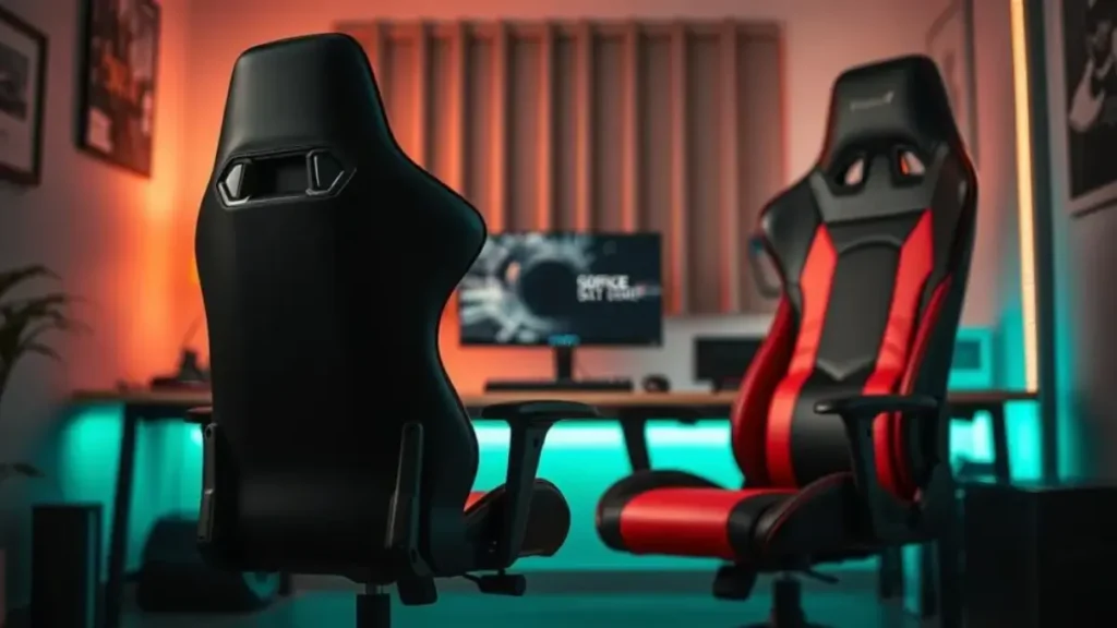 A sleek ergonomic gaming chair designed for both work and play, prominently displayed in the foreground. The chair features a high back, adjustable armrests, and vibrant red and black upholstery, embodying a modern gamer aesthetic. In the middle ground, a clean and stylish desk setup includes a computer monitor, keyboard, and mouse, creating an inviting workspace. The background showcases a cozy gaming room with ambient LED lighting, enhancing the intimate atmosphere. Soft, focused lighting highlights the textures of the chair's materials, while a shallow depth of field draws attention to the chair's contours. The overall mood evokes a sense of comfort and functionality, suitable for both productivity and gaming, effectively demonstrating the appeal of the XT-Office Presidente NR17. Análise da XT-Office Presidente NR17_ Conforto para Trabalho e Jogos