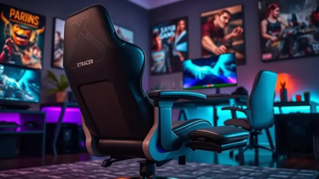 A detailed image of a reclining gaming chair, model XT Racer Viking Series, designed for ergonomic comfort and adjustability, positioned centrally in a modern gaming setup. The foreground features the chair with a sleek, sporty aesthetic, showcasing its premium materials and adjustable features like a reclining back and armrests. In the middle ground, incorporate a stylish gaming desk with a high-definition monitor and RGB lighting that complements the chair's design. The background reveals a cozy gaming room atmosphere, with low ambient lighting and posters of popular video games. Use soft, dynamic lighting to highlight the textures and colors of the chair, with a slight focus on creating an inviting and immersive mood. The angle should capture both the chair and the gaming environment, emphasizing its functionality. Análise da XT Racer Viking Series_ Design, Conforto e Ajustabilidade