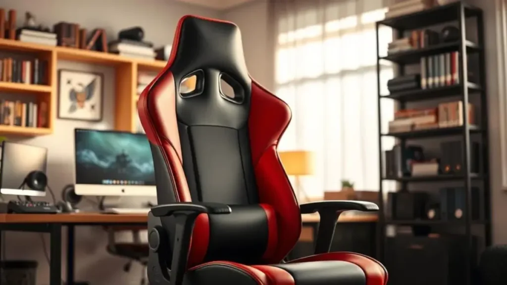 A sleek and modern gaming chair, designed for ergonomic support, prominently displayed in a well-lit home office environment. The chair features a bold black and red color scheme, with plush cushioning and adjustable armrests, emphasizing comfort and style. In the foreground, the chair is centrally positioned, showcasing its high back and lumbar support. The middle ground includes a stylish desk with a computer setup and gaming accessories, while the background features softly blurred shelves filled with books and gaming paraphernalia, creating an immersive atmosphere. The lighting is warm and inviting, casting gentle shadows to enhance the chair's contours. The camera angle is slightly angled upward to highlight the chair's height and elegance, evoking a professional yet relaxed mood suitable for a gamer’s workspace. Cadeira De Escritório Gamer Nitro Ergonômica
