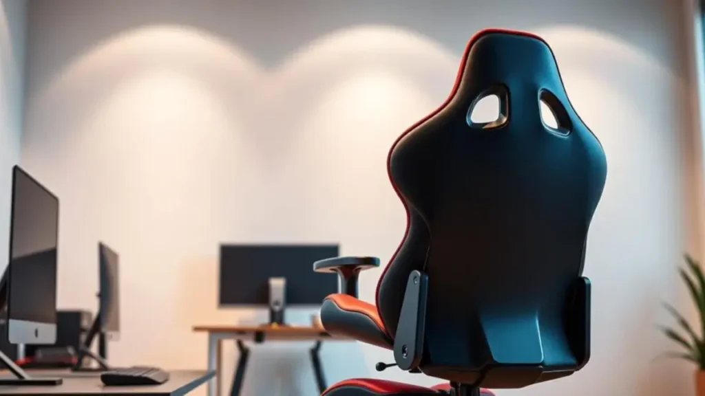A sleek and modern gaming chair set against a clean, minimalist home office backdrop. The chair features ergonomic contours with plush, breathable fabric in a bold black and red color scheme, highlighting its gaming aesthetic. Soft ambient lighting illuminates the scene, casting gentle shadows that emphasize the chair's curves. In the foreground, a stylish workstation with a computer setup is visible, hinting at a productive gaming space. The angle captures the chair at a dynamic perspective, showcasing its height-adjustable features and supportive headrest. The mood is energetic yet focused, inviting viewers to imagine themselves immersed in an intense gaming session. Ensure the image is devoid of any text or branding elements. Cadeira De Escritório Gamer Nitro Ergonômica Estofado