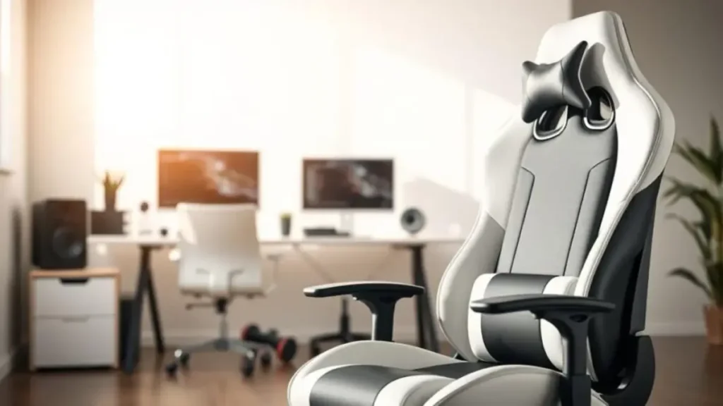 A stylish ergonomic gamer chair featuring a sleek modern design in white and black, set against a minimalist home office backdrop. The chair is positioned in the foreground, showcasing its comfortable padding and adjustable features. In the middle ground, a clean desk with a computer setup complements the chair, reflecting a professional yet inviting workspace. The background reveals soft daylight filtering through a window, creating a warm and productive atmosphere. Use natural lighting to enhance the textures of the chair and desk. The angle should be slightly elevated, capturing the elegance of the chair while emphasizing its functionality. The overall mood should feel modern, professional, and conducive to gaming or office work. Cadeira De Escritório Home Office Ergonômica Blidshop 120kg Branca E Preta