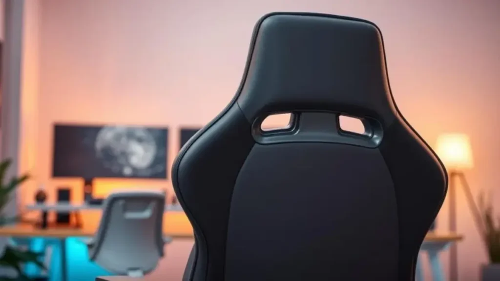 A stylish ergonomic gaming chair with lumbar support, featuring a dark grey vinyl upholstery and sleek design elements. The chair is positioned prominently in the foreground, showcasing its adjustable headrest and armrests, emphasizing comfort and modern aesthetics. In the middle ground, a subtle, contemporary gaming setup is visible, including a multi-monitor desk with ambient lighting to enhance the atmosphere. The background is softly blurred, hinting at a cozy gaming environment with warm lighting that adds a sense of relaxation. The angle captures the chair at a dynamic perspective, highlighting its contours and ergonomic features. Overall, the mood is inviting and focused, perfect for a dedicated gamer’s paradise without any distractions or extraneous elements. Cadeira Dt3 Vita Headrest Dark Grey