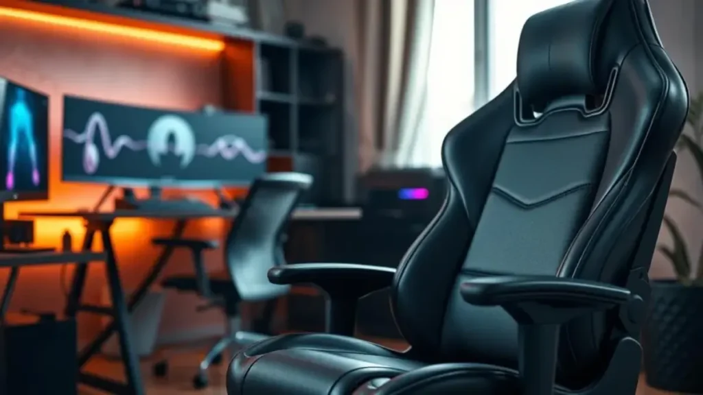 A sleek, modern "Lancer Preta Healer" gaming chair designed for accessibility, prominently displayed in the foreground. The chair features an ergonomic design with adjustable armrests, lumbar support, and a high backrest, all upholstered in black faux leather with subtle stitching details. In the middle ground, a stylish gaming desk complements the chair, adorned with gaming peripherals like a keyboard, mouse, and monitor, illuminated by soft RGB lighting. The background shows a cozy gaming setup with warm, ambient lighting, creating an inviting atmosphere. The camera angle captures the chair at a slight three-quarter view to emphasize its contours, while natural light streams in from a nearby window, enhancing the rich textures of the chair. The overall mood is professional yet vibrant, suitable for a tech-savvy audience. Cadeira Gamer Lancer Preta Healer