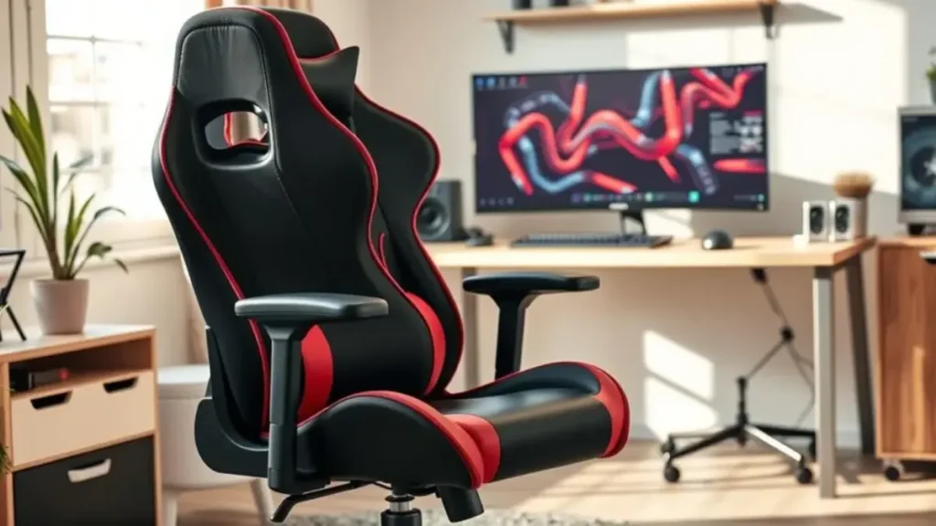 A modern ergonomic gaming chair designed for comfort, featuring a sleek black and red color scheme. The chair has a high backrest with lumbar support, adjustable armrests, and a plush seat cushion. Position the chair in a stylish home office environment with a clean, minimalist desk setup, showcasing a high-tech gaming monitor and keyboard in the background. Use soft, natural lighting to create a warm and inviting atmosphere, highlighting the textures of the chair and surrounding decor. Capture the scene from a slightly elevated angle to emphasize the chair's design and functionality, evoking a sense of productivity and relaxation in the workspace. Cadeira Gamer Premium Escritório Confortável Giratória