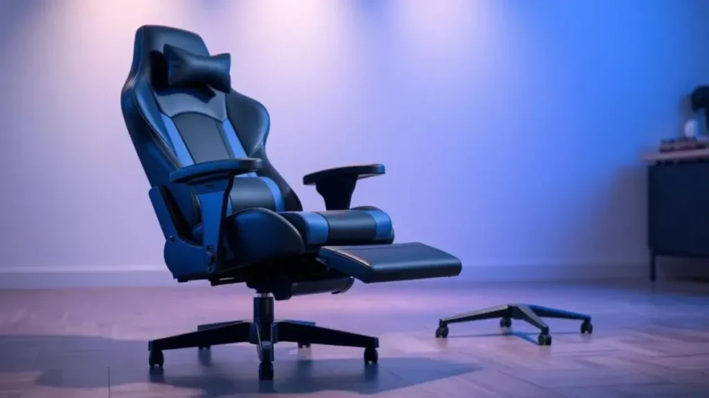 A sleek ergonomic gaming chair with a modern design, featuring a comfortable reclining mechanism and built-in footrest. The chair is upholstered in high-quality breathable fabric, showcasing a vibrant color scheme of dark blue and black. In the foreground, the focus is on the chair, highlighting its adjustable armrests, lumbar support, and stylish accents. In the middle ground, a soft gradient background suggests a cozy gaming environment with soft lighting that emphasizes the chair's contours. The scene captures an inviting and professional atmosphere, with the chair positioned at a slight angle to showcase its features. Ideal for a home office or gaming setup, the image conveys comfort and accessibility, reflecting the essence of an ergonomic gaming experience. Cadeira Gamer Profissional Reclinável Apoio De Pés X-ray