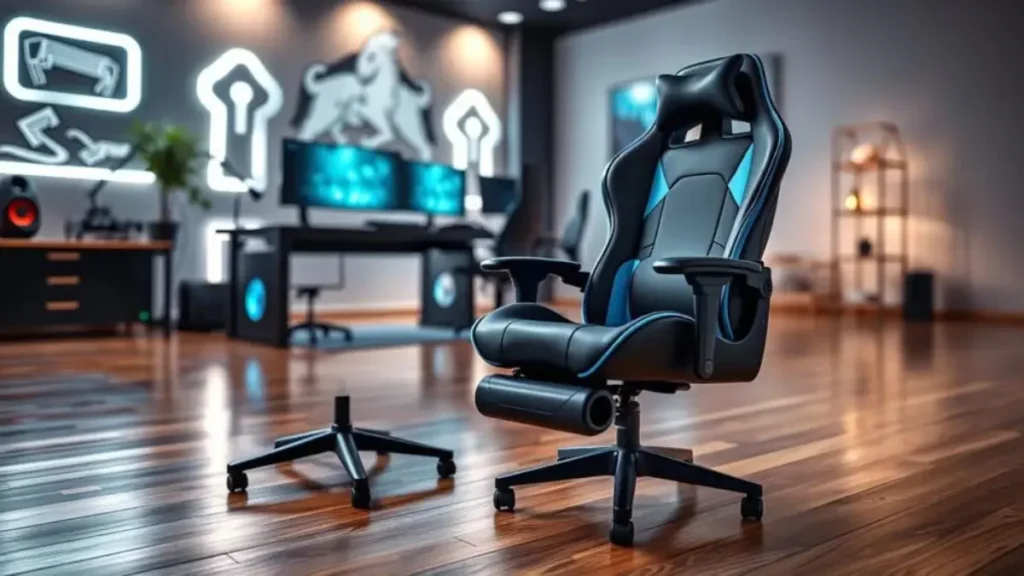 A stylish ergonomic gaming chair in promotion for 2024, showcasing the K Nakasaki model. The chair should feature a sleek design with a reclinable backrest, adjustable armrests, and a comfortable footrest, all in a modern color scheme of black and vibrant blue. In the foreground, the chair is prominently displayed on a well-lit, polished wooden floor, with soft shadows adding depth. In the middle, a sleek gaming desk with a monitor and peripherals complements the chair, emphasizing the gaming environment. The background shows a subtle, blurred gaming room with LED lights and decor that enhances the tech ambiance. The lighting is bright and inviting, creating an atmosphere of comfort and innovation. The angle should capture the chair from a slightly elevated perspective for a dynamic view. Cadeira Gamer X-ray Para Jogos_escritório Confortável Cor Black
