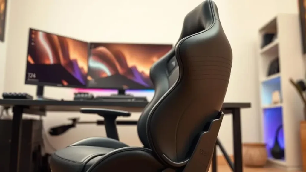 A sleek and ergonomic black gaming chair, model "Jadel Preta Healer," is showcased prominently in the foreground, emphasizing its comfortable design and adjustable features. The chair is positioned at a stylish, modern desk setup, complete with a high-resolution monitor and RGB lighting that adds a vibrant ambiance. The background features a softly blurred home office environment with neutral tones, highlighting a cozy yet professional atmosphere. The lighting is warm and inviting, casting gentle shadows to enhance the textures of the chair's material. A camera angle from a low perspective captures the chair's height and detail, inviting viewers to picture it in their own gaming or working space. Cadeira de Escritório Diretor Jadel Preta Healer_ Principais vantagens e especificações