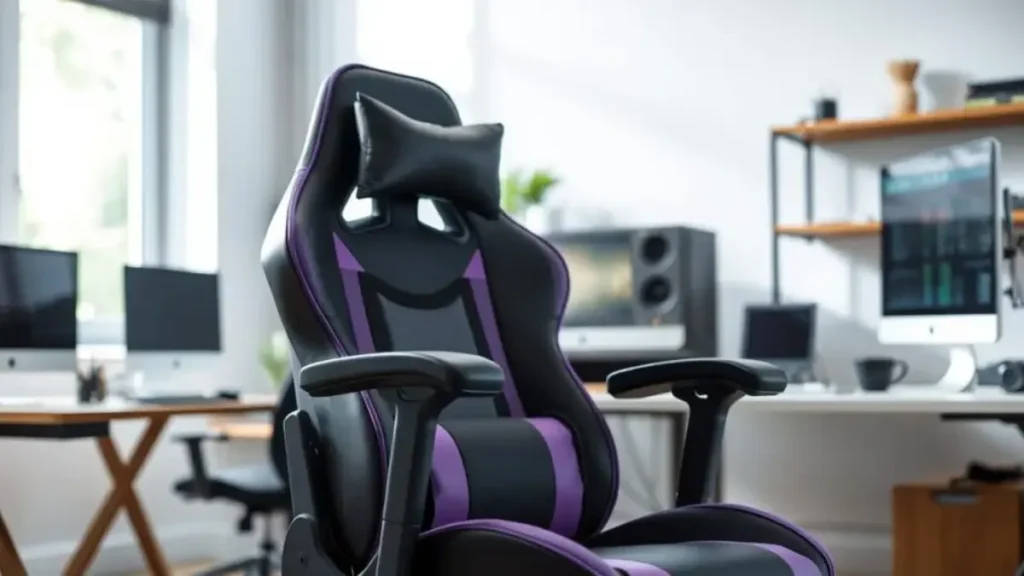 A high-quality, ergonomic gaming chair, designed for comfort and style, prominently displayed. The chair features a sleek black and purple color scheme with plush padding and adjustable armrests. It is set against a softly blurred background of a modern home office, including a stylish desk and a gaming setup. The scene is well-lit with natural daylight coming from a window, casting soft shadows across the room. The angle captures the chair from a slight side view to emphasize its contours and features, creating a three-dimensional effect. The atmosphere is inviting and professional, illustrating the perfect blend of functionality and design suitable for gamers and office use. Cadeira de escritório Mancer Tyr MCR-TYR-PRP01