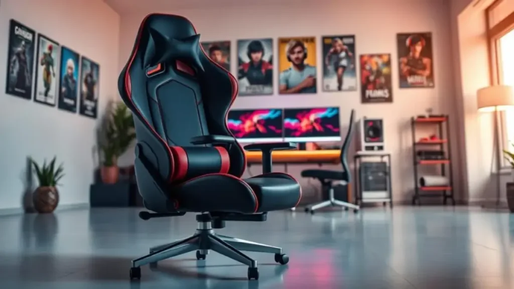 A modern gaming chair with a focus on affordability, situated in a sleek, minimalistic gaming setup. The chair should be prominently displayed in the foreground, showcasing ergonomic features like adjustable armrests, lumbar support, and plush cushioning, with a vibrant color scheme of black and red. In the middle ground, there should be a stylish gaming desk with a high-tech computer setup, including a large monitor and ambient LED lighting. The background features a softly lit room with gaming posters and shelves of gaming gear, creating a cozy but energized atmosphere. The scene should be well-lit, with soft, diffused lighting to highlight the chair's design. A low-angle viewpoint should add depth, evoking a sense of immersive gaming culture. Como Avaliar o Custo-Benefício ao Escolher uma Cadeira Gamer para Setup Gamer