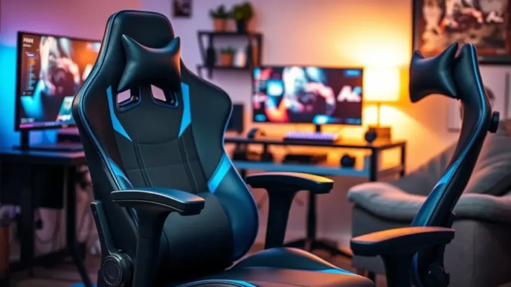 A budget-friendly ergonomic gaming chair, prominently shown in the foreground, featuring a sleek, modern design with adjustable armrests and lumbar support. The chair is upholstered in a vibrant color scheme of black and blue, set against a stylish gaming setup backdrop. The middle ground showcases a high-tech gaming desk with a dual-monitor setup filled with gaming accessories, subtle RGB lighting, and a plush mousepad. In the background, a cozy gaming environment is visible, with soft ambient lighting creating an inviting atmosphere. The image is brightly lit to highlight the chair’s features, captured with a slight angle to add depth. Overall, the mood is energetic and engaging, perfect for a gaming enthusiast’s ideal setup. Dicas para escolher a cadeira gamer ideal para o seu setup