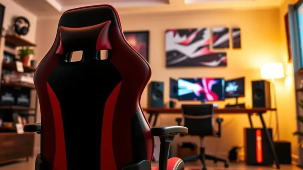 A sleek and modern ergonomic gaming chair, the ThunderX3 TGC12, is positioned prominently in the foreground, showcasing its vibrant red and black design. The chair features high back support, adjustable armrests, and a plush seat cushion, emphasizing comfort and style. In the middle ground, an organized gaming setup is visible, with a desk holding advanced gaming equipment like a monitor, keyboard, and headset; subtle reflections of LED lighting add a dynamic feel. The background is softly blurred, depicting a cozy gaming room with ambient lighting that creates an inviting atmosphere. The image is illuminated with warm, soft lighting from overhead, evoking a welcoming mood for gamers. Capture the scene from a low angle to enhance the chair's imposing presence and allure, inviting viewers to explore its features. Principais características da ThunderX3 TGC12