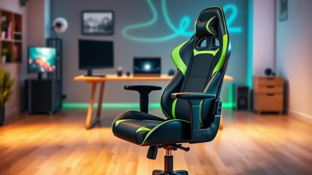 A modern ergonomic office gaming chair, the "XTreme Supra," designed for affordability and style. The chair features a sleek, minimalist design with a blend of black fabric and vibrant green accents. It has a high backrest, adjustable armrests, and a plush seat cushion that highlights its comfort and support. The foreground showcases the chair in a well-lit room, emphasizing its elegant lines and features. In the middle, there's a simple wooden desk with a laptop and gaming setup, enhancing the gaming atmosphere. The background shows a softly blurred gaming setup, with colorful LED lights creating a lively ambiance. The lighting is bright yet warm, accentuating the chair's details, imparting a professional yet inviting mood. XTreme Supra Ergonômica_ cadeira gamer acessível com design moderno