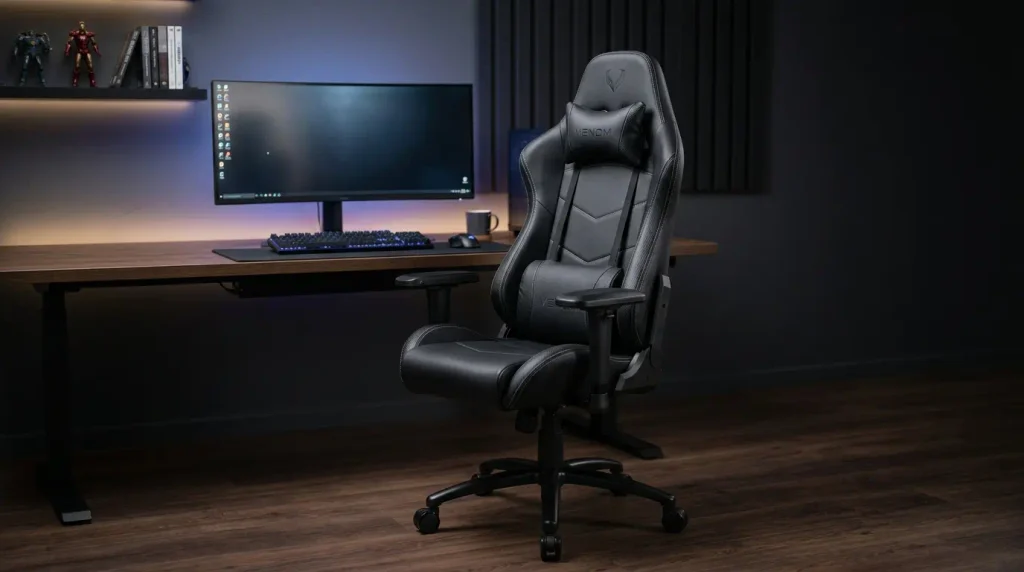Cadeira DT3 Nero Black: vale a pena? Minha opinião real 2 Cadeira Gamer DT3 Nero Black preta com revestimento em PU, apoio lombar e almofada cervical