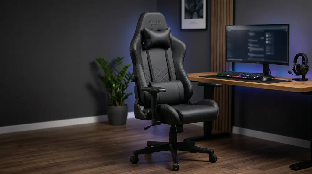 Cadeira Gamer DT3 Nero Black preta com revestimento em couro sintético, apoio lombar e almofada cervical