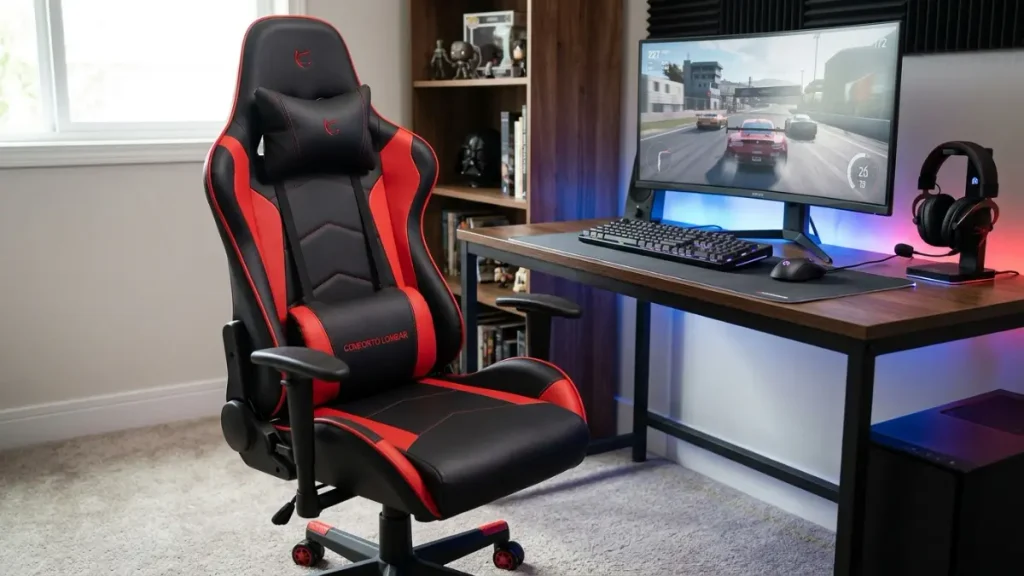 Comparativo: Cadeira Gamer TGT Heron TC3 vs concorrentes 2 Cadeira gamer TGT Heron TC3 preta e vermelha com almofadas lombar e de pescoço