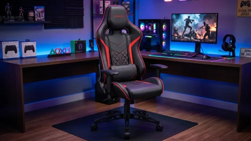 Análise da Cadeira Gamer TGT Heron TC3: opinião honesta 2 Cadeira gamer TGT Heron TC3 preta e vermelha em setup gamer