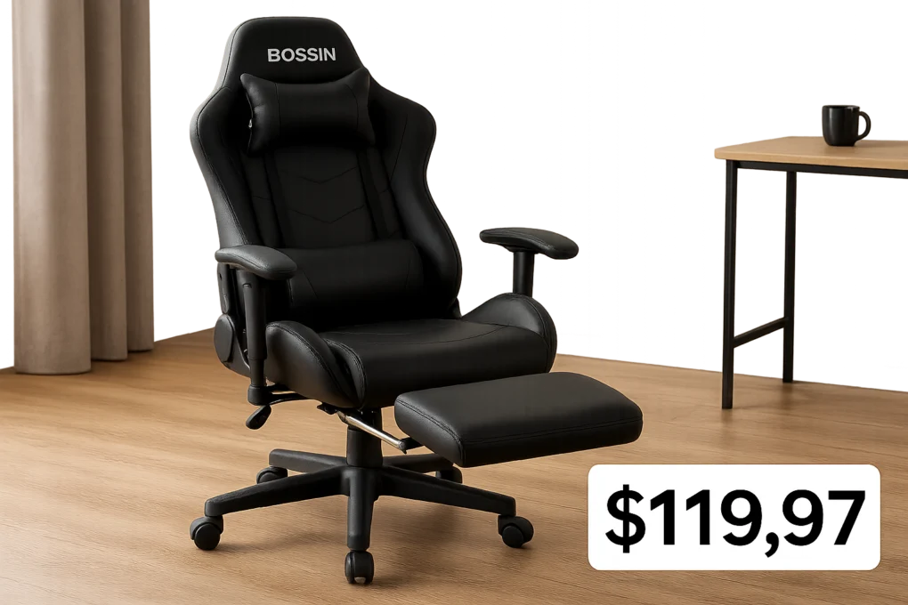 Cadeira gamer BOSSIN com apoio para os pés por US$119,97 na Wayfair — oferta e especificações
