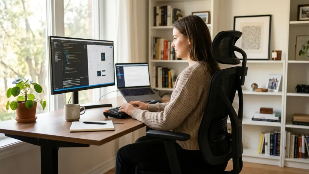 Pessoa trabalhando em home office na cadeira ergonômica ThunderX3 Yama1 com encosto em tela mesh