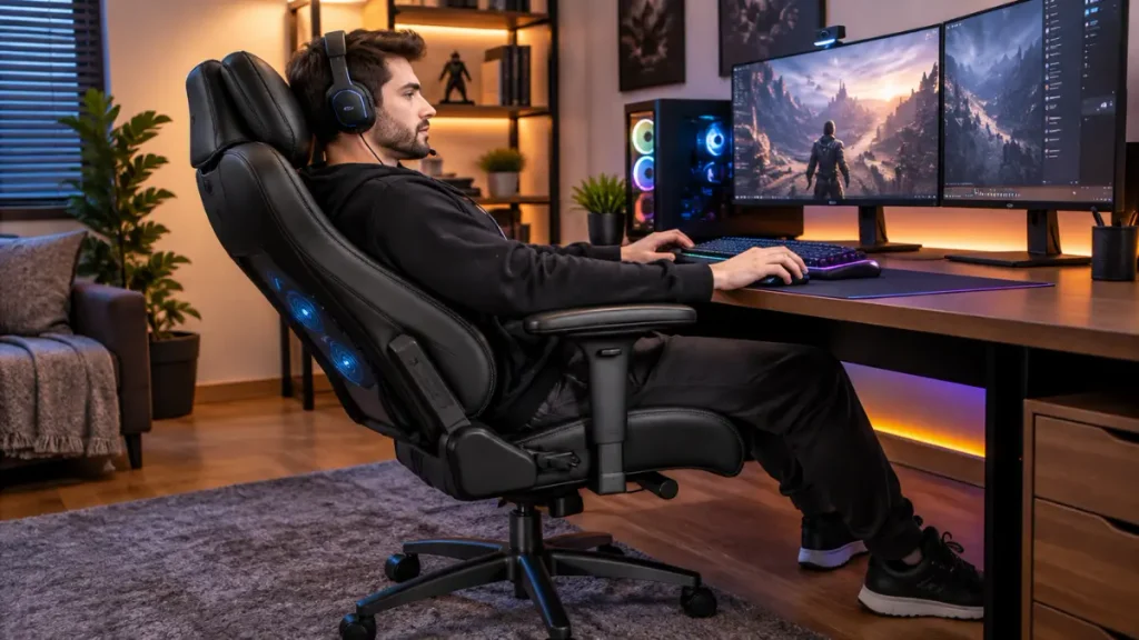 Cadeira Gamer Presidente Ergonômica Max Racer Tactical com massagem e reclinação em uso por gamer em home office