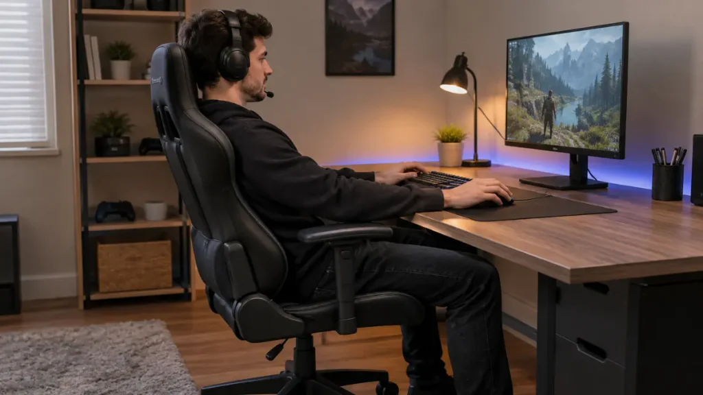 Cadeira Gamer Ergonômica de Entrada: 5 Opções Baratas 2 Gamer usando cadeira gamer ergonômica de entrada em setup de home office